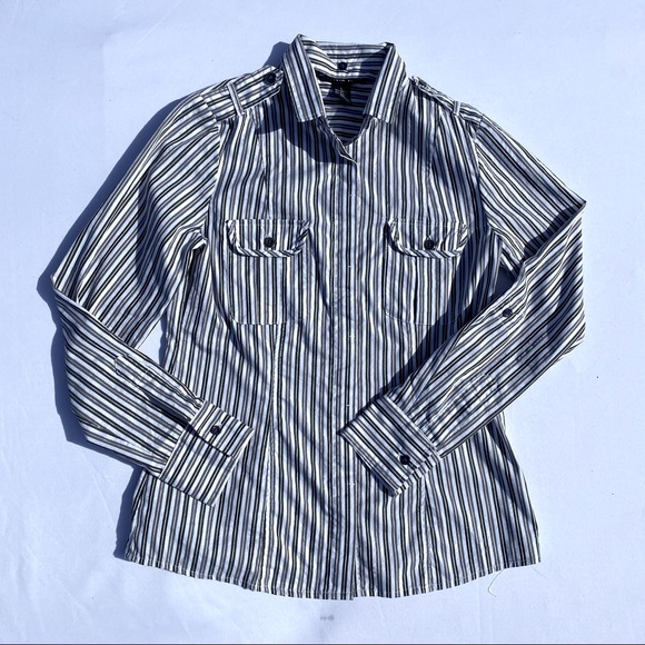ANTILIA FEMME Black/White/Silver/Grey Striped Blouse, Size Large. - Picture 1 of 6
